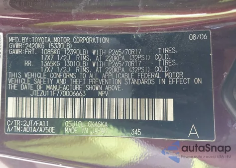 2007 Toyota Fj Cruiser из США, поврежденный, VIN JTEZU11F770006663